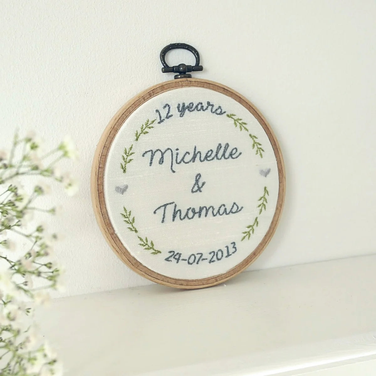 12th Silk Anniversary Personalised Gift Embroidered Hoop