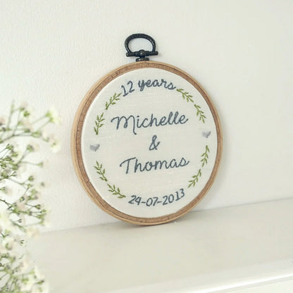 12th Silk Anniversary Personalised Gift Embroidered Hoop