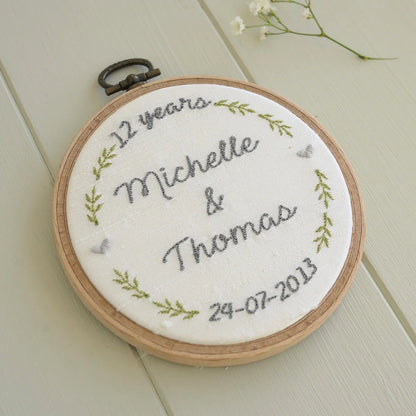12th Silk Anniversary Personalised Gift Embroidered Hoop