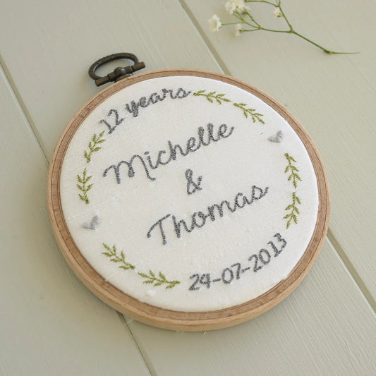 12th Silk Anniversary Personalised Gift Embroidered Hoop