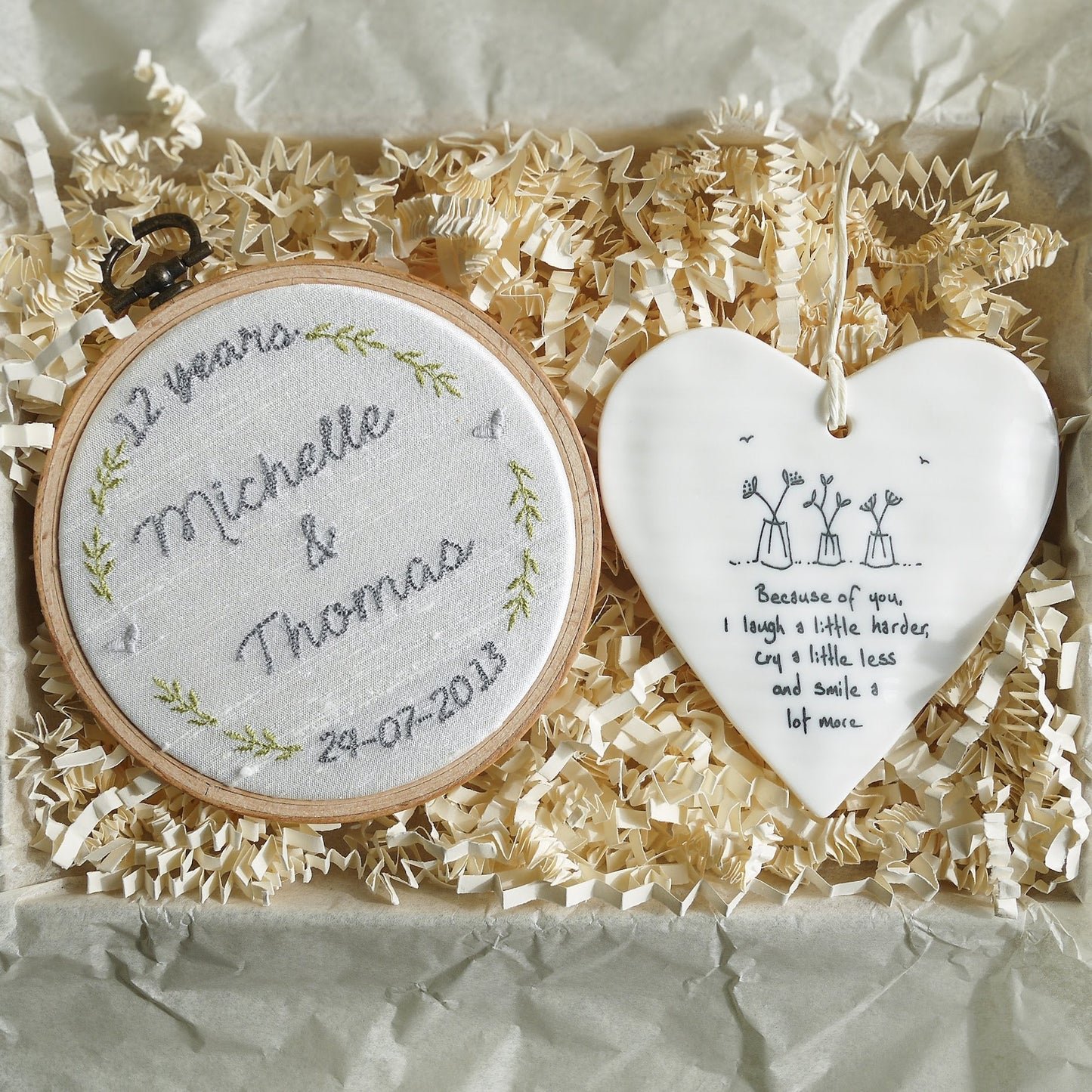 12th Silk Anniversary Personalised Gift Embroidered Hoop