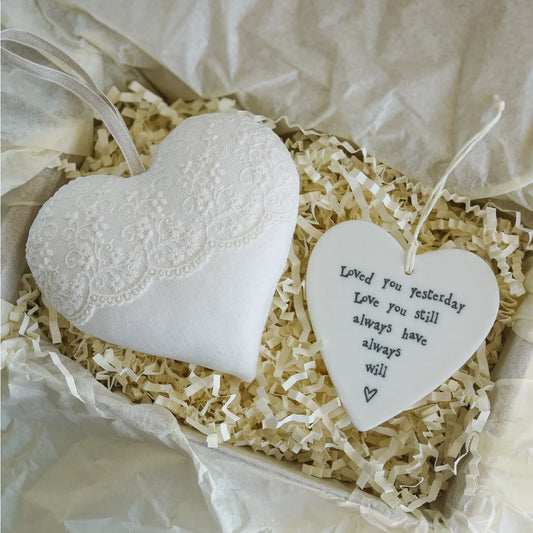 13th Wedding Anniversary Personalised Lace Gift Heart With Porcelain Heart