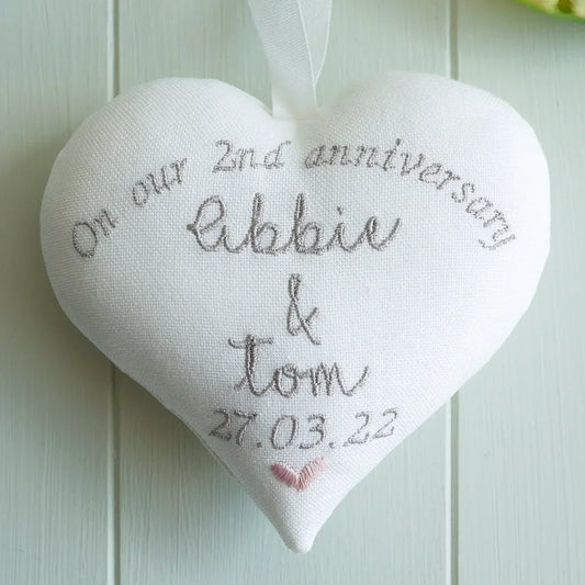 2nd Anniversary Cotton Gift - Personalised Embroidered Heart with Custom Text