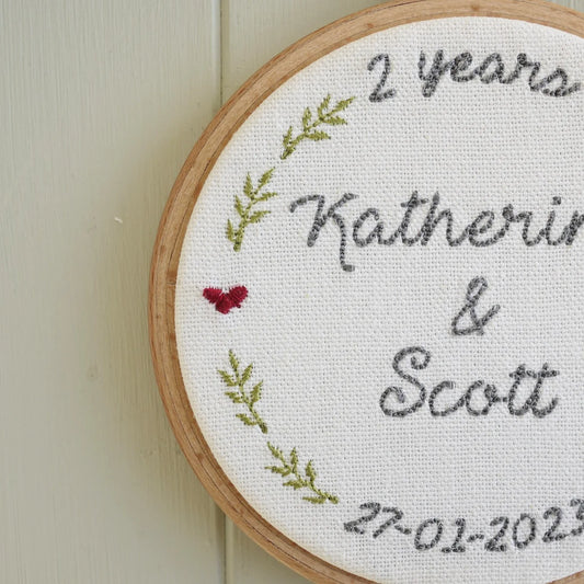 2nd Cotton Wedding Anniversary Personalised Gift Embroidered Hoop