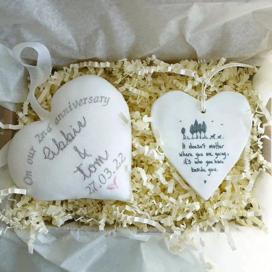 2nd Cotton Anniversary Embroidered Heart Gift with Porcelain Keepsake
