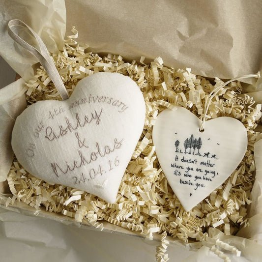 4th Linen Anniversary Personalised Heart with Porcelain Heart Keepsake