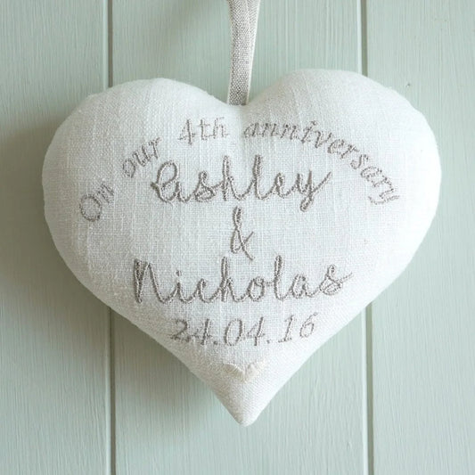 4th Wedding Anniversary Personalised Gift - Embroidered Heart with Porcelain Keepsake