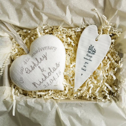 4th Wedding Anniversary Personalised Gift - Embroidered Heart with Porcelain Keepsake