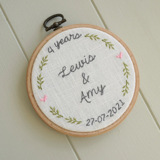4th Linen Wedding Anniversary Personalised Gift - Embroidered Hoop