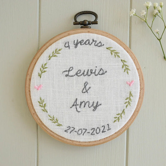 4th Linen Anniversary Personalised Gift - Embroidered Hoop with Porcelain Keepsake