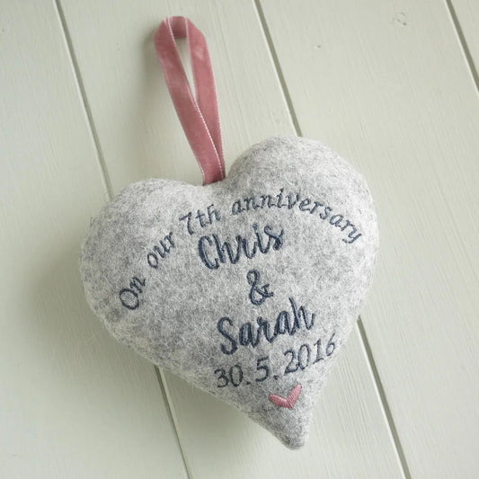 7th Anniversary Gift - Embroidered Wool Heart