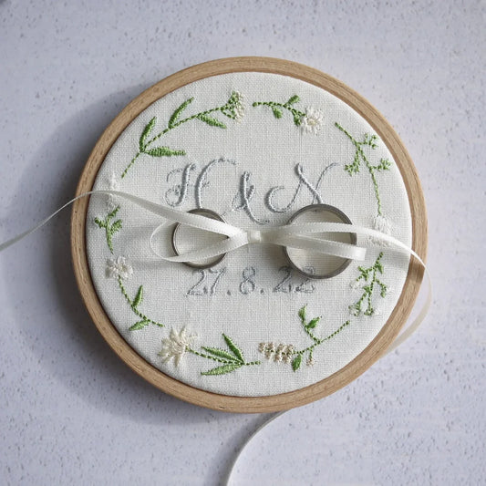 Wedding Ring Holder for Ceremony - Personalised Initials and Date - Cream and Neutral Wildflower Design