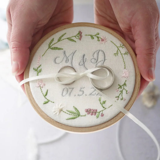 Wedding Ring Holder for Ceremony -Personalised Initials and Date - Embroidered Pink Wildflowers