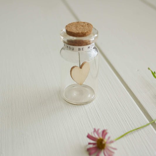 Tiny heart in bottle - with text wood you be mine